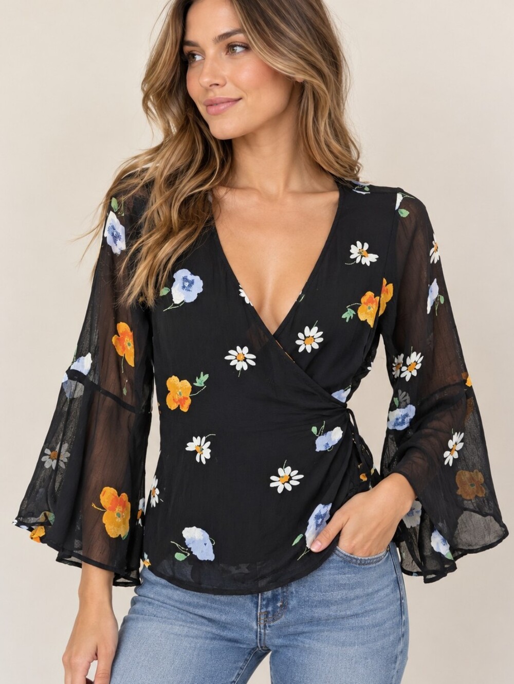 Ganni Black Floral Wrap Blouse with Bell Sleeves